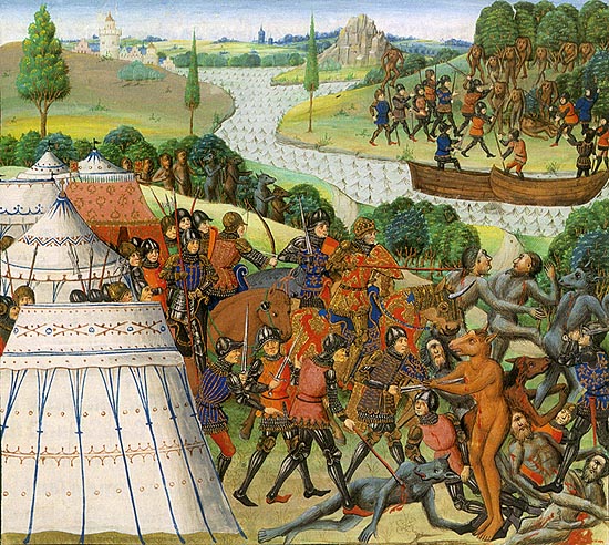 Alexander fights monstrous races in Ms. Fr. 9342, Bibliothèque nationale de Paris. Alexandre le Grand p. 203